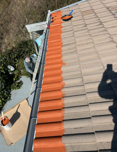Application d’une peinture spéciale toiture sur des tuiles lors d’une rénovation.