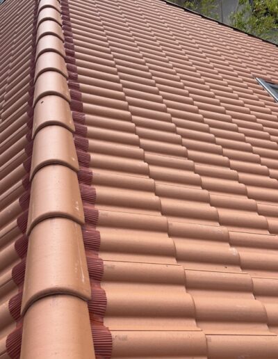 Toiture rénovée avec tuiles neuves.